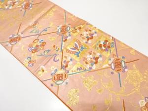 斜め格子に蝶・唐花・七宝模様織り出し　袋帯